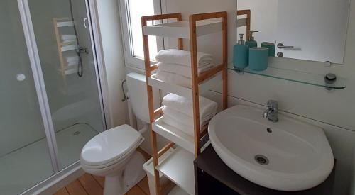 a bathroom with a white toilet and a sink at Mina Summerhouse in Jezera