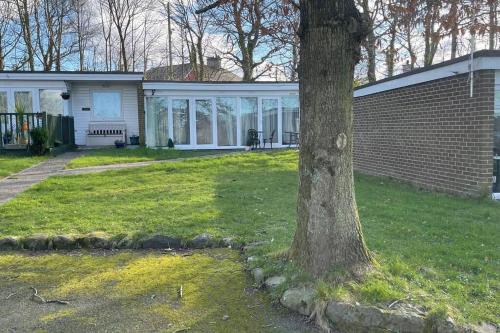 a house with a tree in the yard at Chalet 130 on Glan Gwna holiday park in Caernarfon