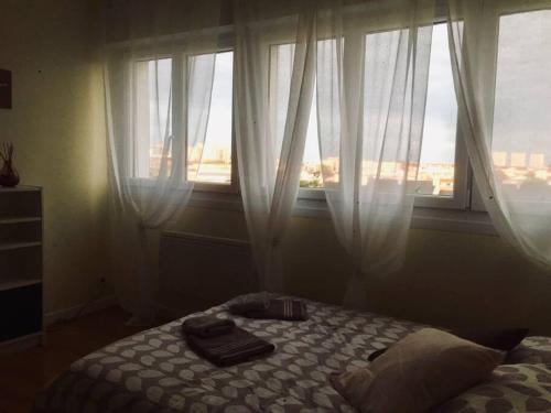 Schlafzimmer mit einem Bett und einem Fenster mit weißen Vorhängen in der Unterkunft Cozy'Maisonnette in Guipavas