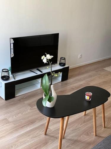 un salon avec une télévision et une table basse dans l'établissement Suite Royale stade de France, à Saint-Denis