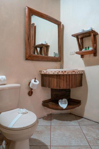 a bathroom with a toilet and a mirror at La Tigra Rainforest Lodge in Fortuna