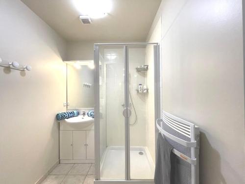 a bathroom with a shower and a sink at Les Gîtes du Petit Mas in Lagamas