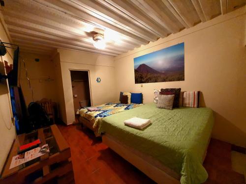 Un dormitorio con una cama verde y una mesa en Hostal Las Veraneras Ataco, en Concepción de Ataco