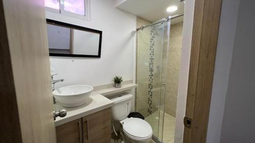 a bathroom with a toilet and a sink and a shower at Apartamentos nuevos, comodos, amplios y moderno OK in Gaira