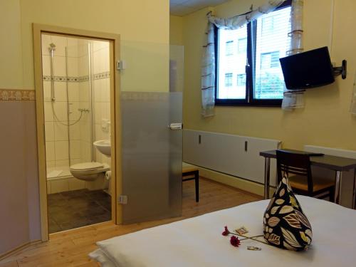 a room with a bathroom with a toilet and a television at Stadthotel Regensburg in Regensburg