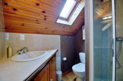 a bathroom with a sink and a toilet and a skylight at Marmotte Gîte 2à4 personnes avec cheminée à 10mn des pistes in Aragnouet