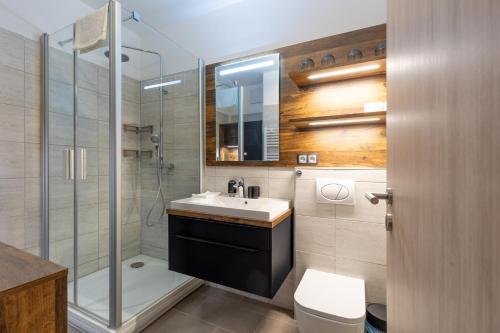 W łazience znajduje się umywalka, prysznic i toaleta. w obiekcie MarineLake Apartman Balatonföldvár By BLTN w Balatonföldvárze