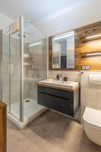 a bathroom with a shower and a sink and a toilet at MarineLake Apartman Balatonföldvár By BLTN in Balatonföldvár