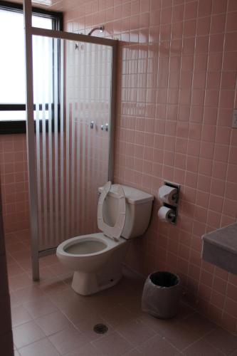 La salle de bains est pourvue de toilettes et d'un mur carrelé rose. dans l'établissement Hotel del Sur, à Mexico