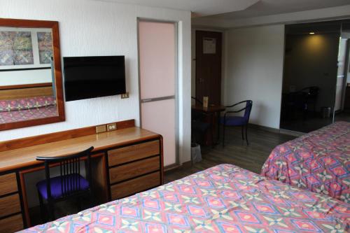 ein Hotelzimmer mit einem Bett und einer Kommode mit einem TV in der Unterkunft Hotel del Sur in Mexiko-Stadt