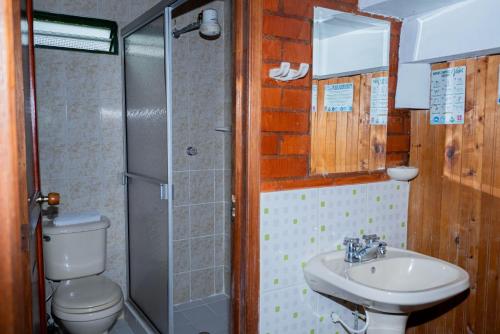Un baño con inodoro, lavabo y ducha. en Ecovilla Cali, en Cali