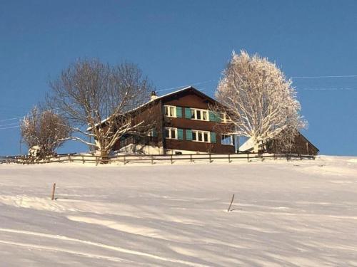 uma casa em cima de um campo coberto de neve em Neuer Sigerst, Haus em Wildhaus