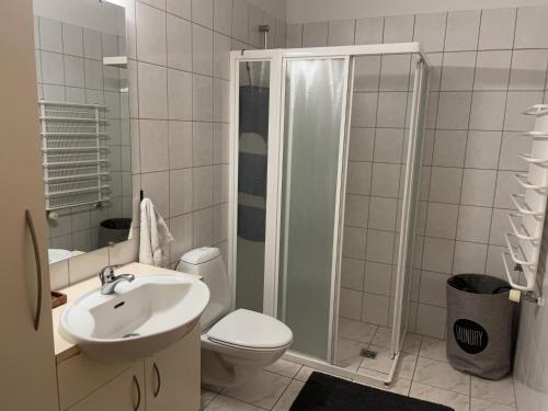 uma casa de banho com um chuveiro, um WC e um lavatório. em Klettaborg em Akureyri