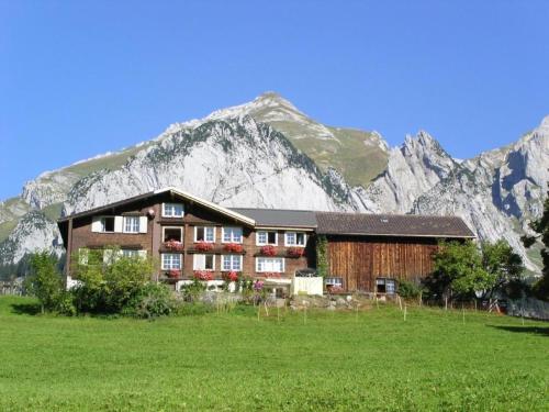 a large building in front of a mountain at Tanzhus in Wildhaus