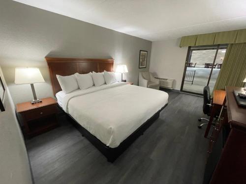 Habitación de hotel con cama grande y escritorio. en Pine Lake Resort and Banquets, en LaPorte
