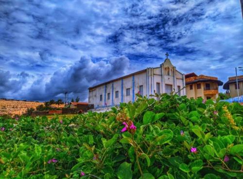 a building with a field of flowers in front of it at Dunas Bar&Hotel in Canoa Quebrada