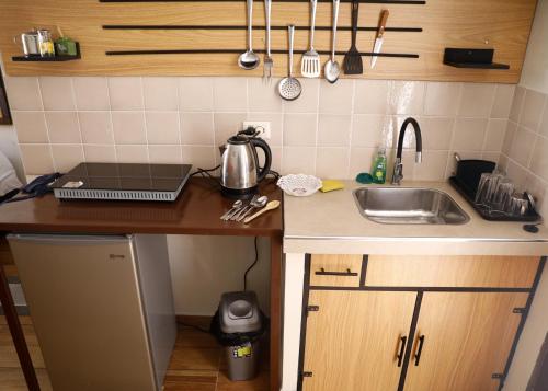a small kitchen with a sink and a counter at Olala house in Sucre