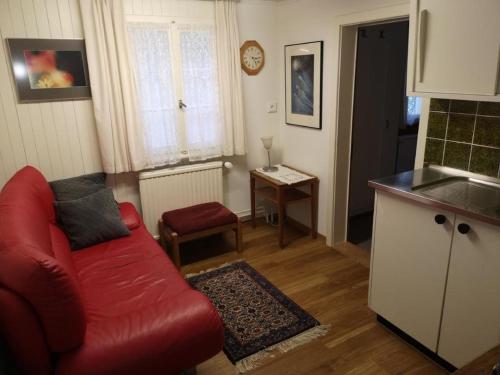 Il comprend un salon avec un canapé rouge et une cuisine. dans l'établissement Haus am See - a79839, à Lungern