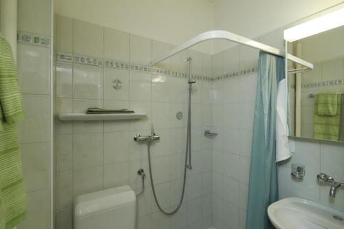 een badkamer met een douche, een toilet en een wastafel bij Casa Thuja in Ascona