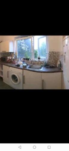 a kitchen with a sink and a washing machine at Nice Shared Flat in London