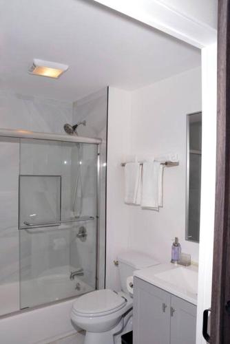 a white bathroom with a toilet and a shower at Boston Historical Urban Oasis in Boston