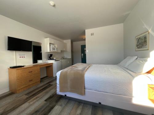 a bedroom with a bed and a desk and a television at Sleep Suite Motel in Steinbach