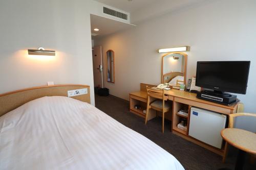 飯田市にあるシルクホテル アネックスのベッド1台、薄型テレビが備わるホテルルームです。