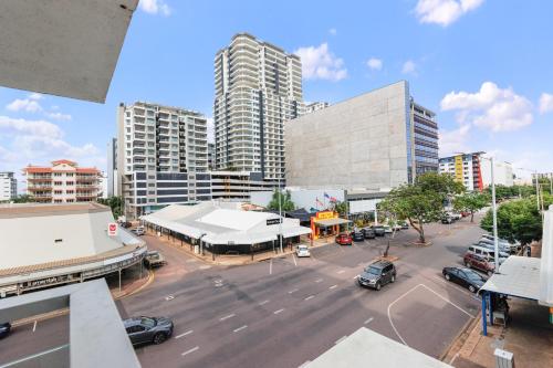 an aerial view of a city street with tall buildings at Darwin Lux Living in Darwin