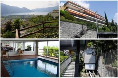 un collage de fotos de una casa y una piscina en Casa Panoramica Apt 5 en Orselina
