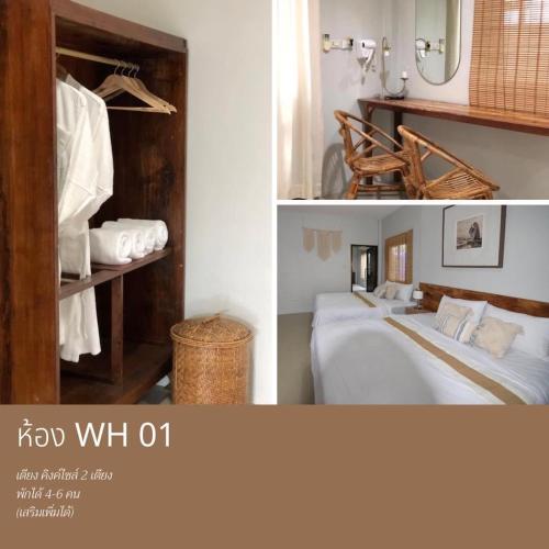 two pictures of a bedroom with a bed and a mirror at My home resort - ขนอม นครศรีธรรมราช in Khanom