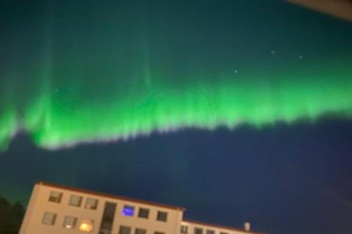 obraz zielonej zorzy polarnej na niebie w obiekcie Spacious 3 bedroom apartment,close to centrum. w Reykjavík