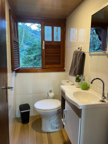 a bathroom with a toilet and a sink and a window at Confortável Chalet na Serra proximo ao Centro in Nova Friburgo