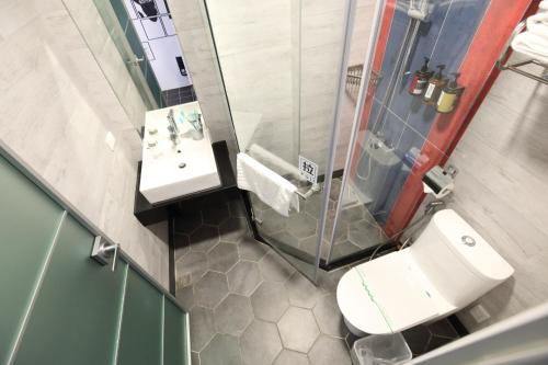 a bathroom with a toilet and a sink and a shower at 海享電梯民宿-近夜市-近海邊 in Hualien City