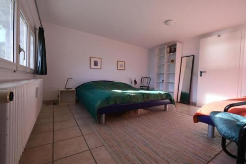 ein Schlafzimmer mit einem grünen Bett und einem Fenster in der Unterkunft Casa Leula in Ronco sopra Ascona