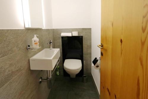 La salle de bains est pourvue de toilettes blanches et d'un lavabo. dans l'établissement Apartment Piz Cotschen, à Pontresina