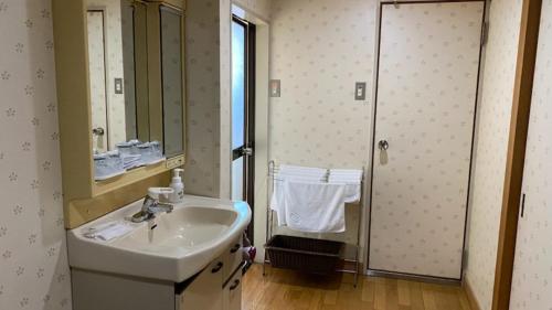 a bathroom with a sink and a shower with a mirror at Hotel Portside Imabari in Imabari