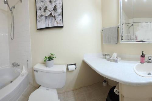 La salle de bains est pourvue de toilettes, d'un lavabo et d'une baignoire. dans l'établissement Right Next To WEST EDMONTON MALL with Free Parking, à Edmonton