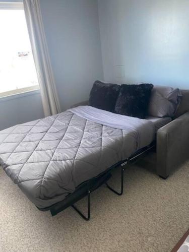 a bed in a room with a couch and a window at Right Next To WEST EDMONTON MALL with Free Parking in Edmonton