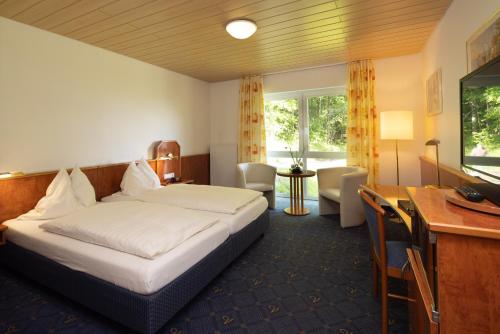 Pokój hotelowy z łóżkiem i biurkiem w obiekcie Gästehaus Wilgersdorf GmbH w mieście Wilnsdorf