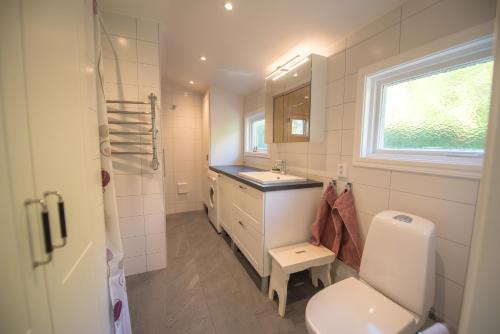 baño con aseo y lavabo y ventana en Huset Lövhyddan - SWEEDS Loftahammar, en Loftahammar