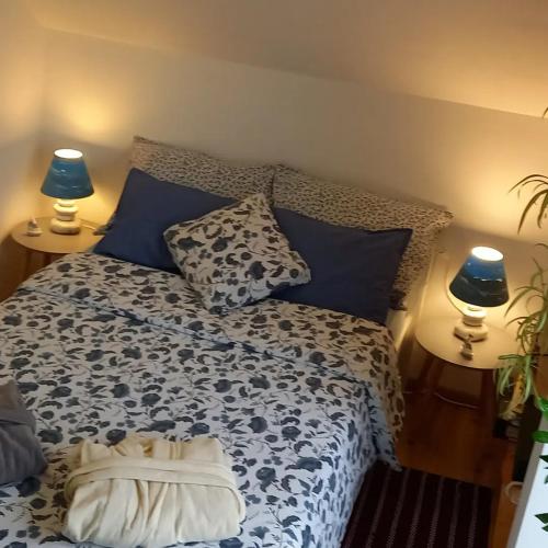 a bedroom with a bed with blue pillows and two lamps at Holiday Home Paunovaca in Erdut
