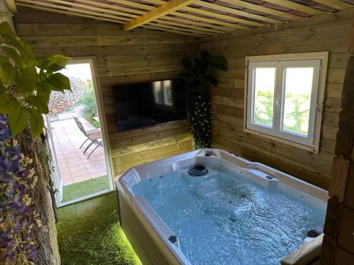 a jacuzzi tub in a room with a tv at Domaine du Mas de Peyres in Cavalaire-sur-Mer