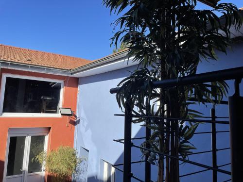 a palm tree next to a white building with a window at Villa Kiara Hébergements in Cusset