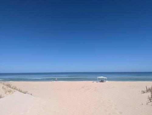 a beach with a chair on the sand and the ocean at Golden Bay Beach House in Secret Harbour