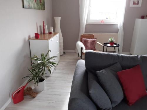 a living room with a gray couch and plants at Haus Mühlenbach in Mechernich