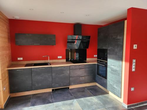 a kitchen with red walls and a sink at Gites Jura Sud in Charchilla