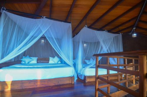 two beds in a room with blue drapes at Ella Camelot in Ella