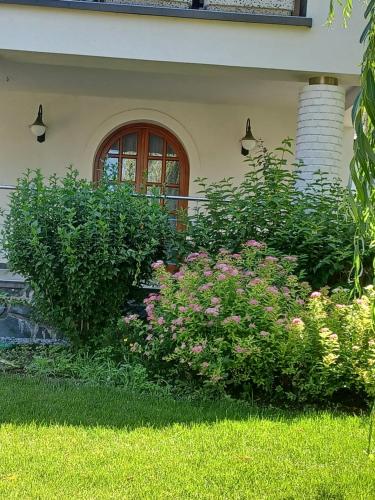 a house with bushes and flowers in the yard at The Pearl of Balaton in Szigliget