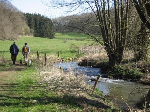 two people walking a dog on a path next to a stream at Hotel Gerardushoeve in Heijenrath