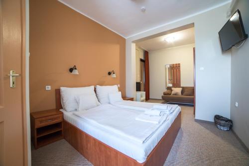 a bedroom with a large bed with a tv on the wall at Pelso Panzio in Balatonmáriafürdő